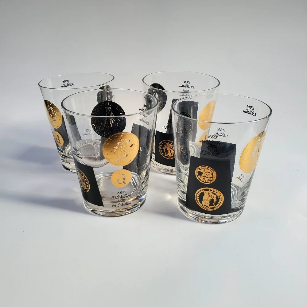 4 MCM Frank Wallack‎ for Cera 22kt Gold Coin Whiskey Old Fashioned Glasses